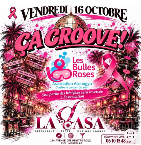 Promotional poster for CA GROOVE event on Friday October 16, featuring pink breast cancer awareness ribbons and palm trees at La Casa venue