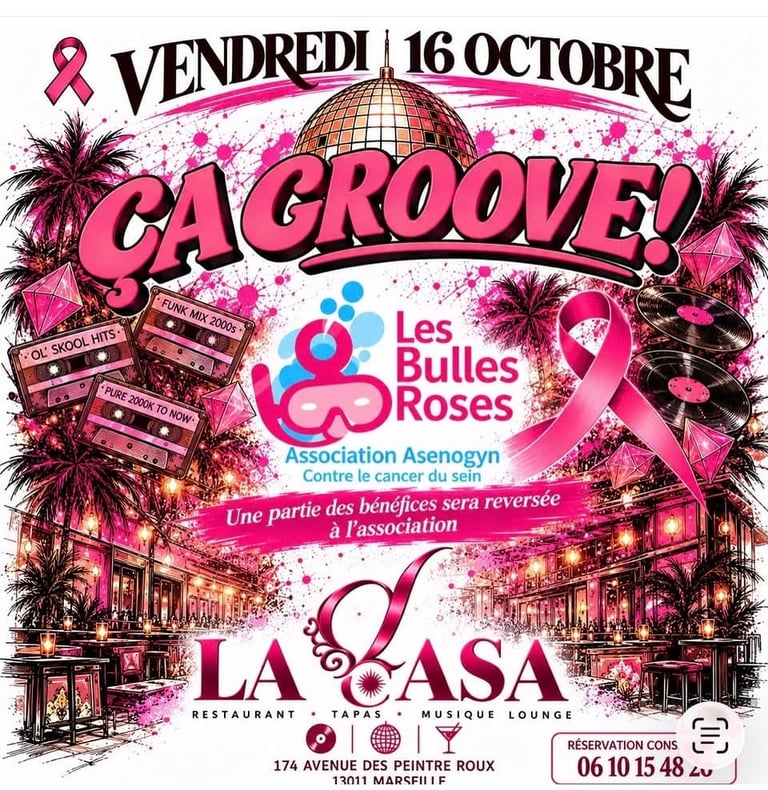 Promotional poster for CA GROOVE event on Friday October 16, featuring pink breast cancer awareness ribbons and palm trees at La Casa venue