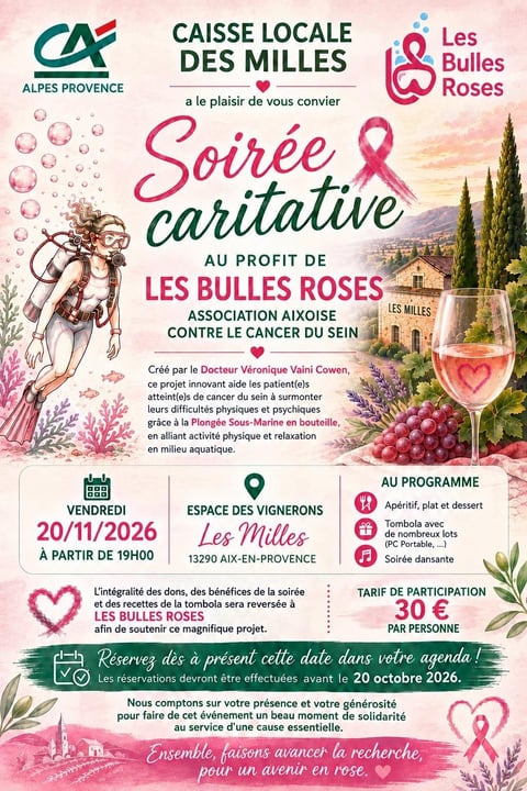 Affiche de l'événement caritatif des Bulles Roses pour la lutte contre le cancer du sein le 20 novembre 2026 à Aix-en-Provence, avec rubans roses et paysage de Provence