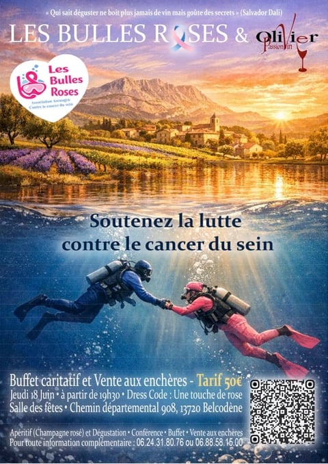 Charity event poster for Les Bulles Roses showing scuba divers underwater above a village landscape, promoting breast cancer awareness