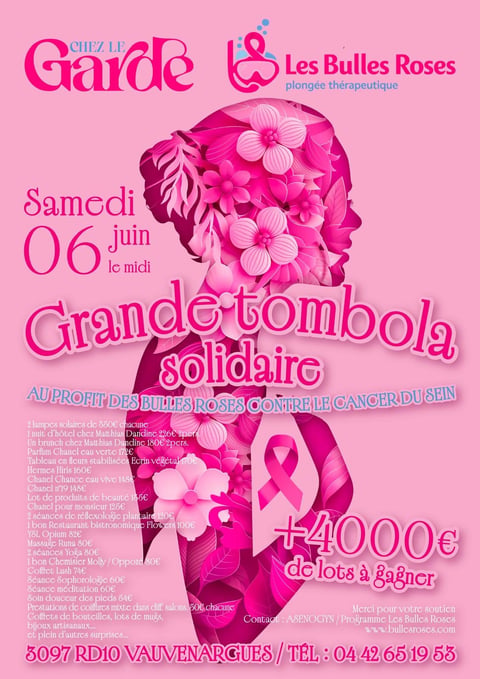 Pink and magenta poster for Les Bulles Roses charity tombola event on June 6 featuring floral silhouette and cancer awareness ribbon