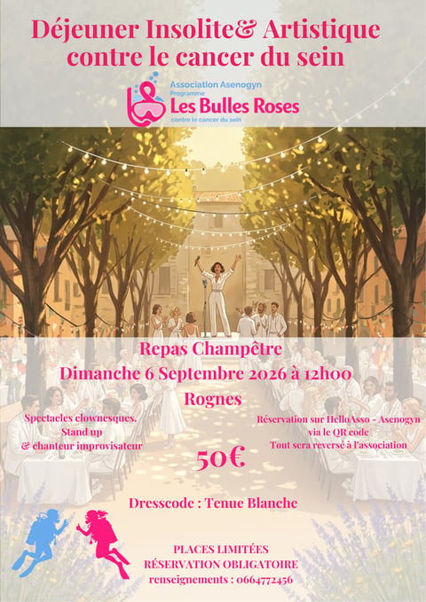 Poster for Déjeuner Insolite & Artistique breast cancer fundraiser event on September 6, 2026 in Rognes, featuring tree-lined venue illustration and performers