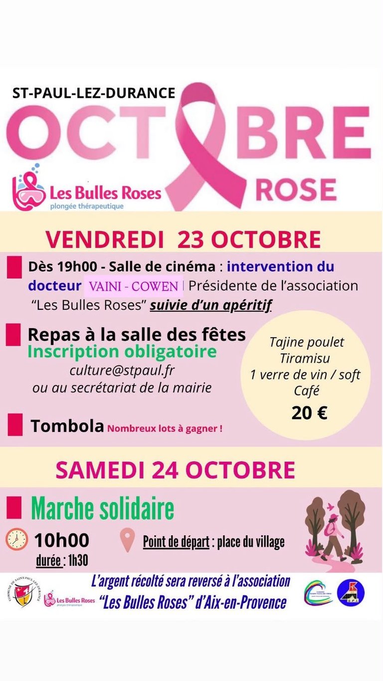 Affiche de l'événement Octobre Rose à Saint-Paul-lez-Durance avec ruban rose et programme des animations les 23 et 24 octobre