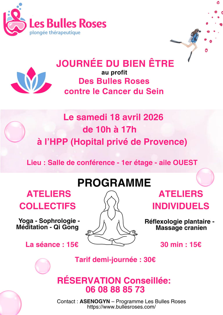 Flyer for Les Bulles Roses wellness day on April 18 2026 featuring yoga and reflexology workshops to support breast cancer awareness