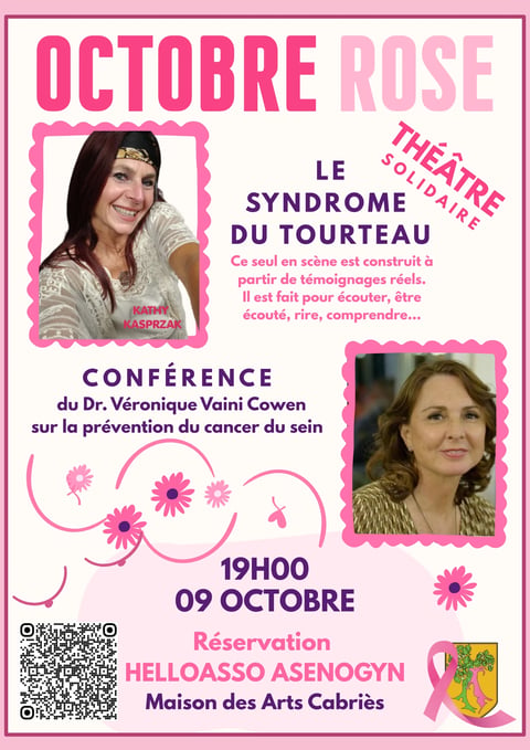 French event poster for October in pink featuring a theater show about Tourette syndrome and a breast cancer prevention conference by Dr. Veronique Vaini Cowen on October 9 at 7pm