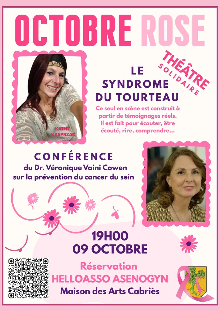 French event poster for October in pink featuring a theater show about Tourette syndrome and a breast cancer prevention conference by Dr. Veronique Vaini Cowen on October 9 at 7pm