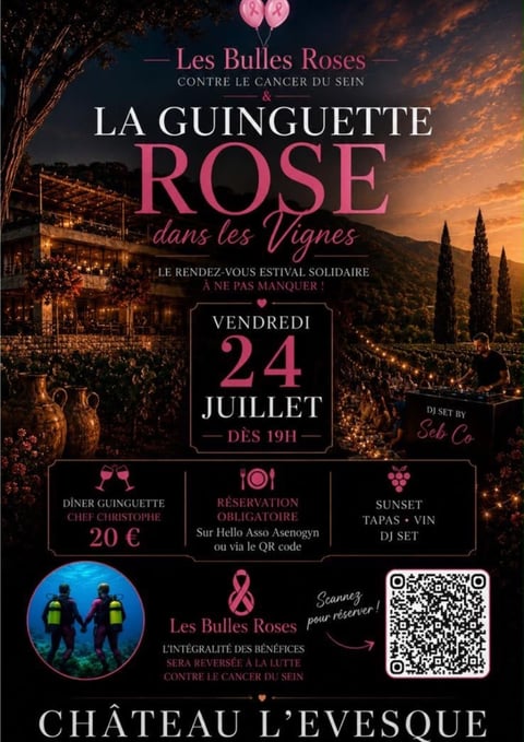 Event poster for La Guinguette Rose vineyard dinner and sunset celebration on July 24 for Les Bulles Roses cancer charity