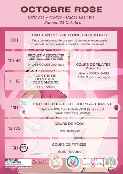 Event schedule for Octobre Rose on October 24 featuring wellness activities and cancer support programs in shades of pink