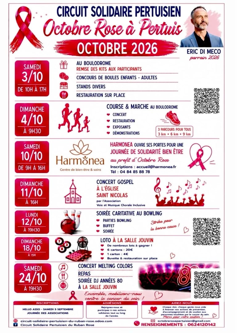 Affiche de l'événement solidaire Octobre Rose à Pertuis en octobre 2026 avec ruban rose et programme des activités caritatives