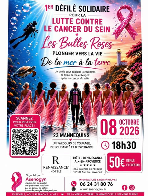 Charity diving event poster for breast cancer awareness featuring participants in pink attire and underwater scenes, October 8, 2026