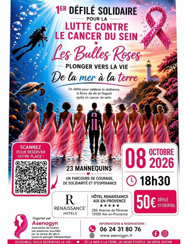 Charity diving event poster for breast cancer awareness featuring participants in pink attire and underwater scenes, October 8, 2026